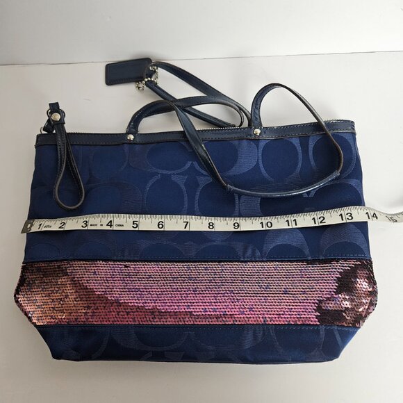 Coach Signature Tote Handbag J1120-F17574 Satin Pink Sequin Band Medium Blue Bag - Picture 7 of 16
